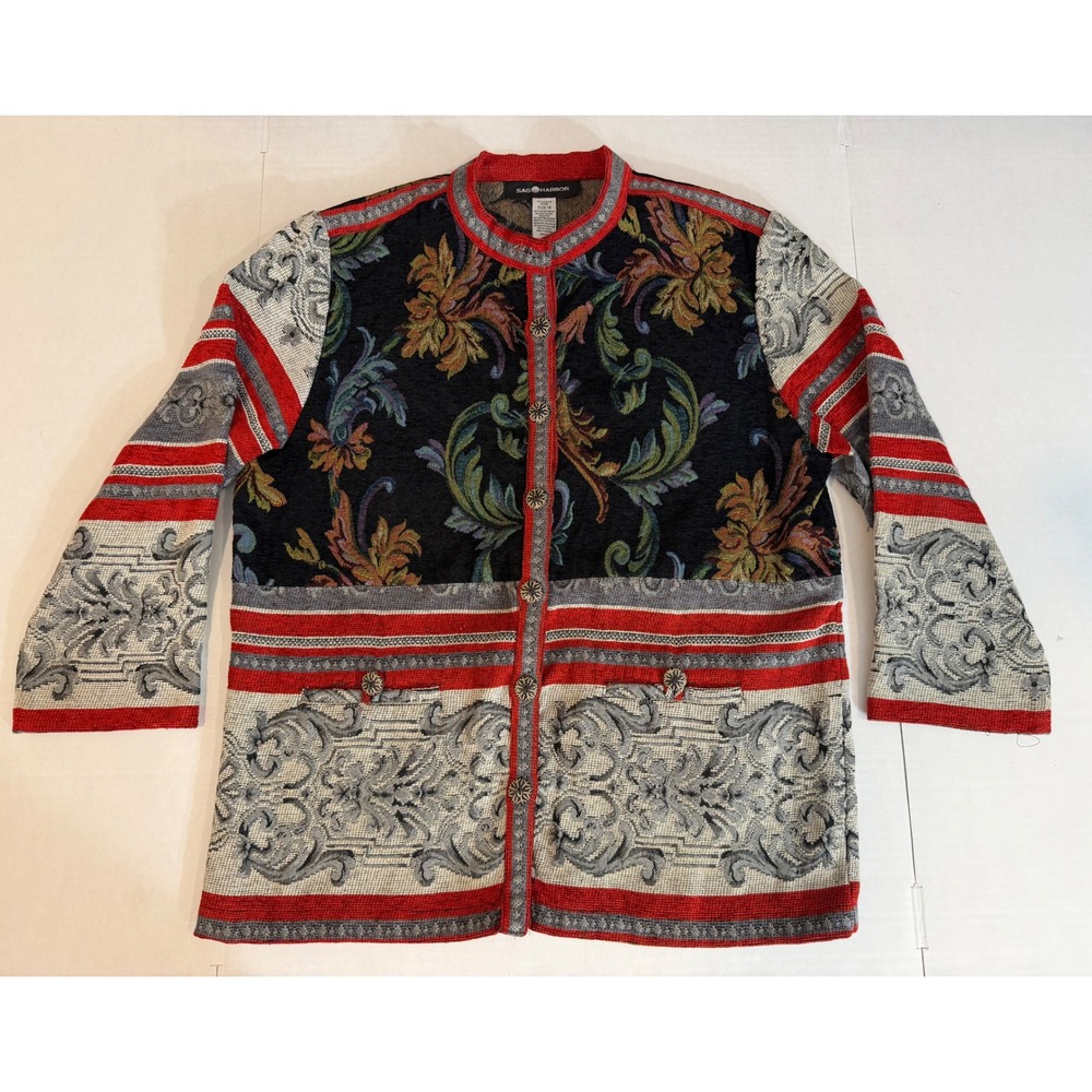 Sag Harbor Womens 14 Tapestry Jacket Woven Floral Button Front Boho Cottagecore